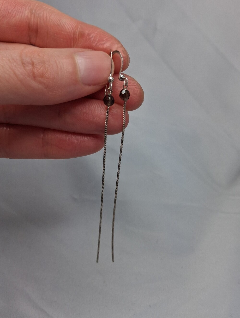 Sterling Silver Long Drop Earrings with Smoky Bead